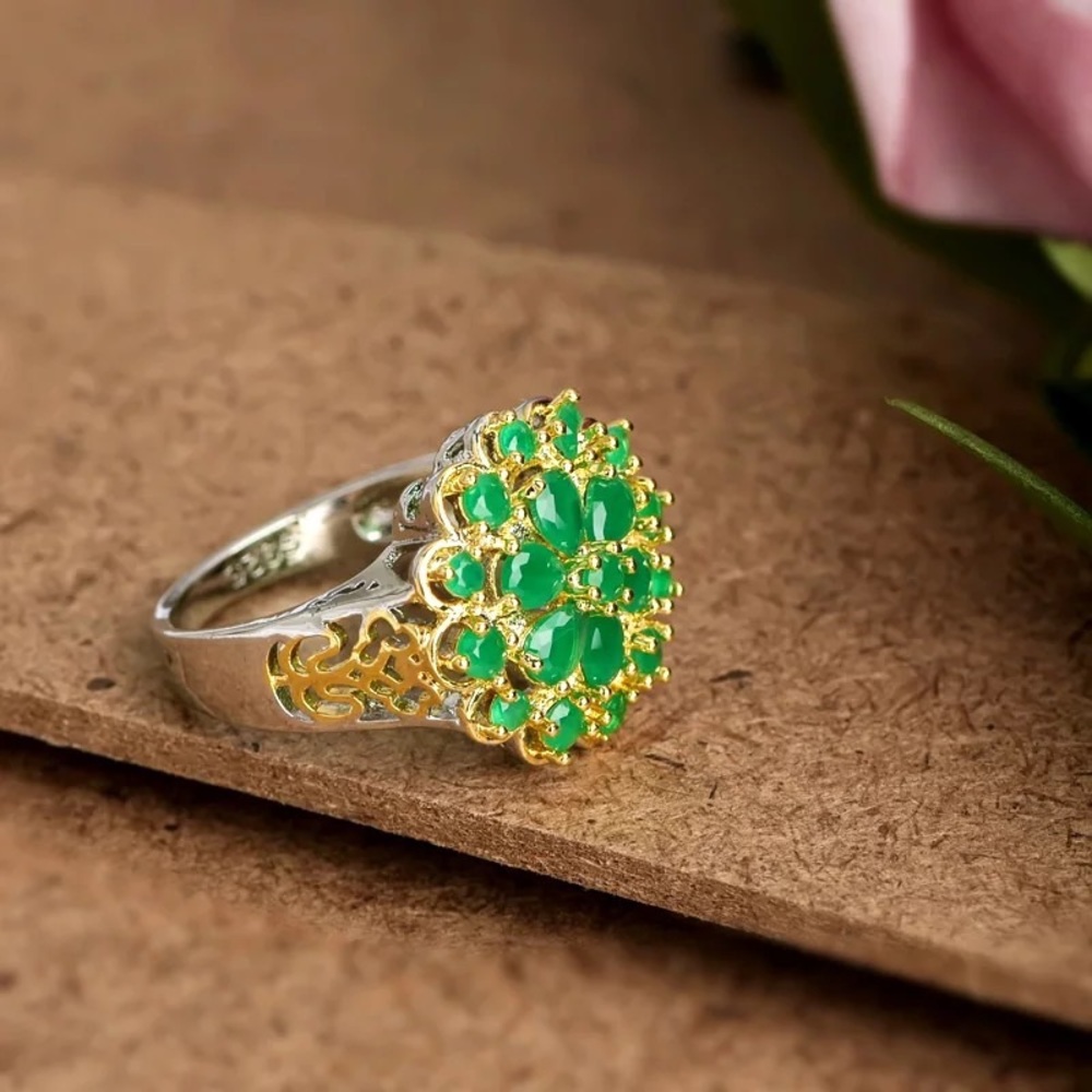 New Women’s Two Tone 925 Silver Emerald Ring - Picture 3 of 4